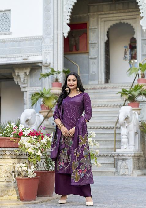 Wine Floral Print Roman Silk Salwar Kameez