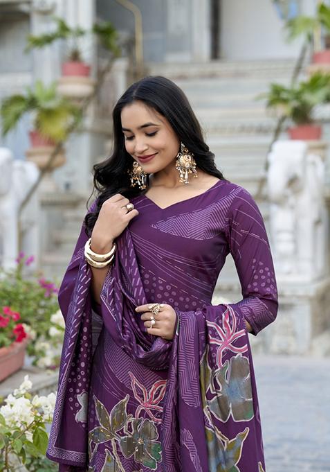 Wine Floral Print Roman Silk Salwar Kameez