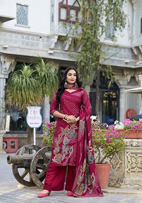 Maroon Floral Print  Roman Silk Salwar Kameez