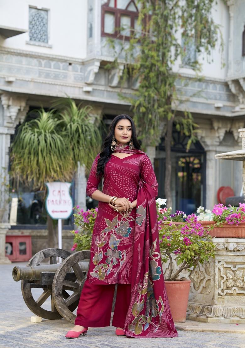 Maroon Floral Print Roman Silk Salwar Kameez