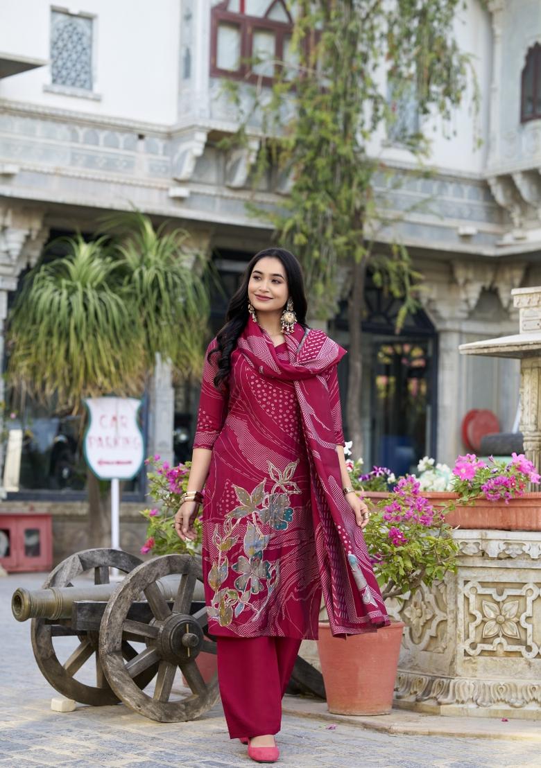 Maroon Floral Print Roman Silk Salwar Kameez