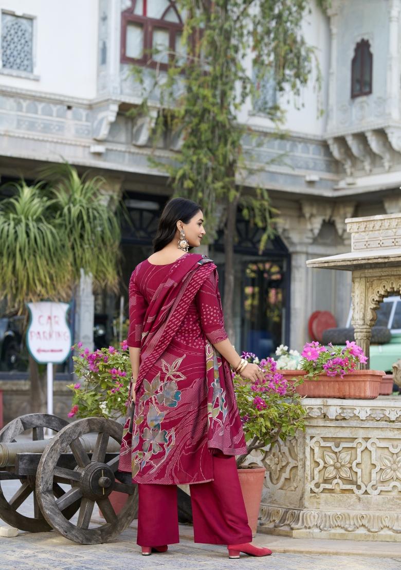 Maroon Floral Print Roman Silk Salwar Kameez