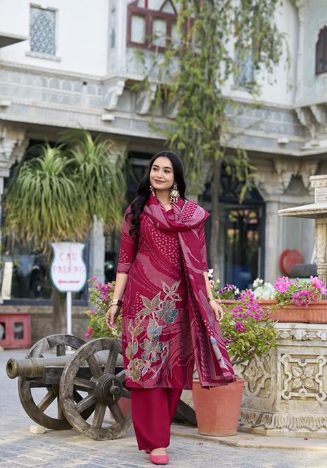 Maroon Floral Print Roman Silk Salwar Kameez