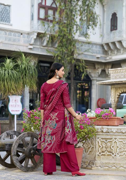 Maroon Floral Print Roman Silk Salwar Kameez