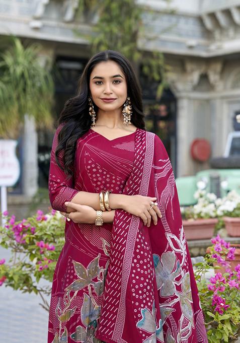 Maroon Floral Print Roman Silk Salwar Kameez