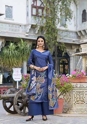 Navy Blue Floral Print  Roman Silk Salwar Kameez