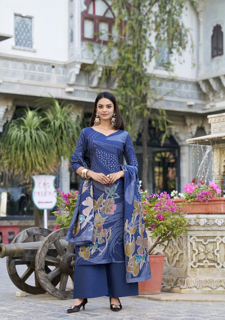 Navy Blue Floral Print Roman Silk Salwar Kameez
