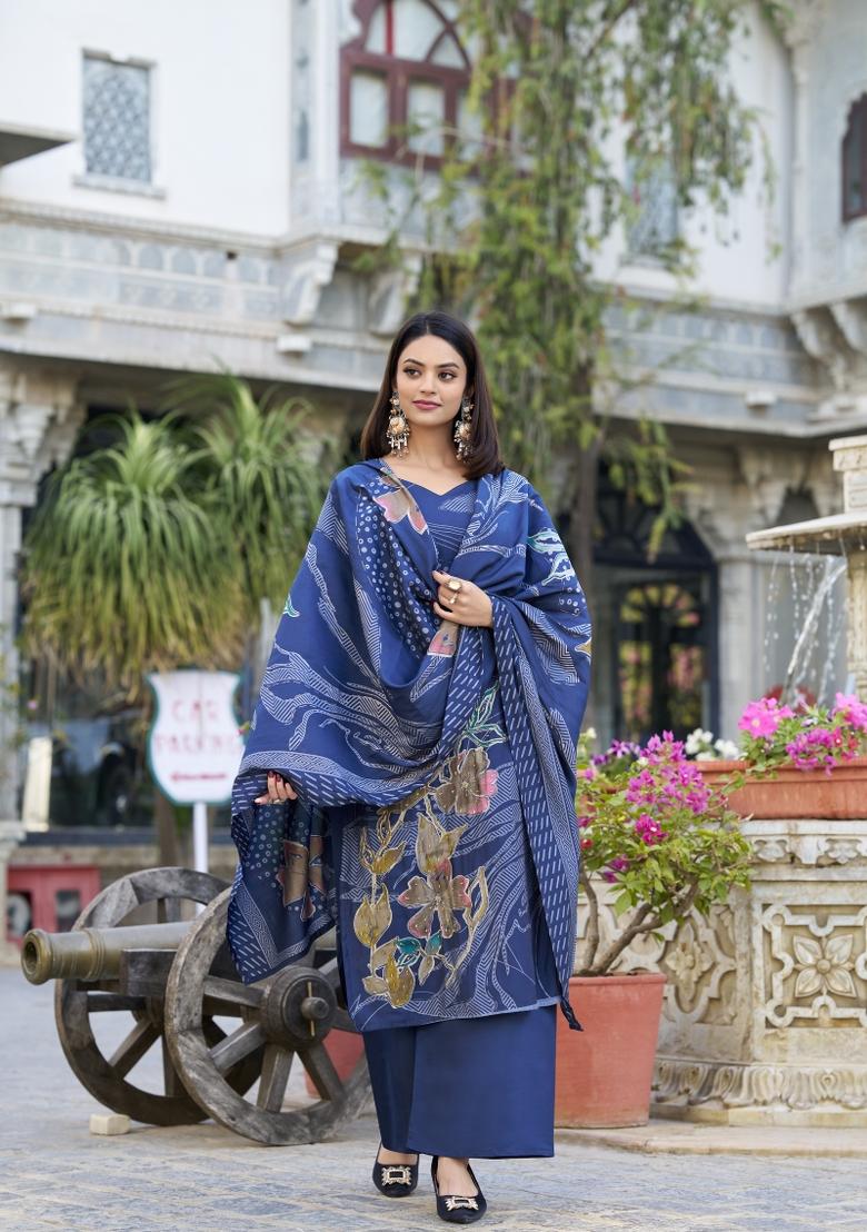 Navy Blue Floral Print Roman Silk Salwar Kameez