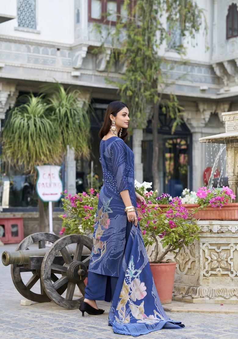 Navy Blue Floral Print Roman Silk Salwar Kameez