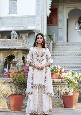 White Embroidered Vichitra Silk Salwar Kameez