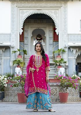 Pink Embroidered Moonga Silk Salwar Kameez