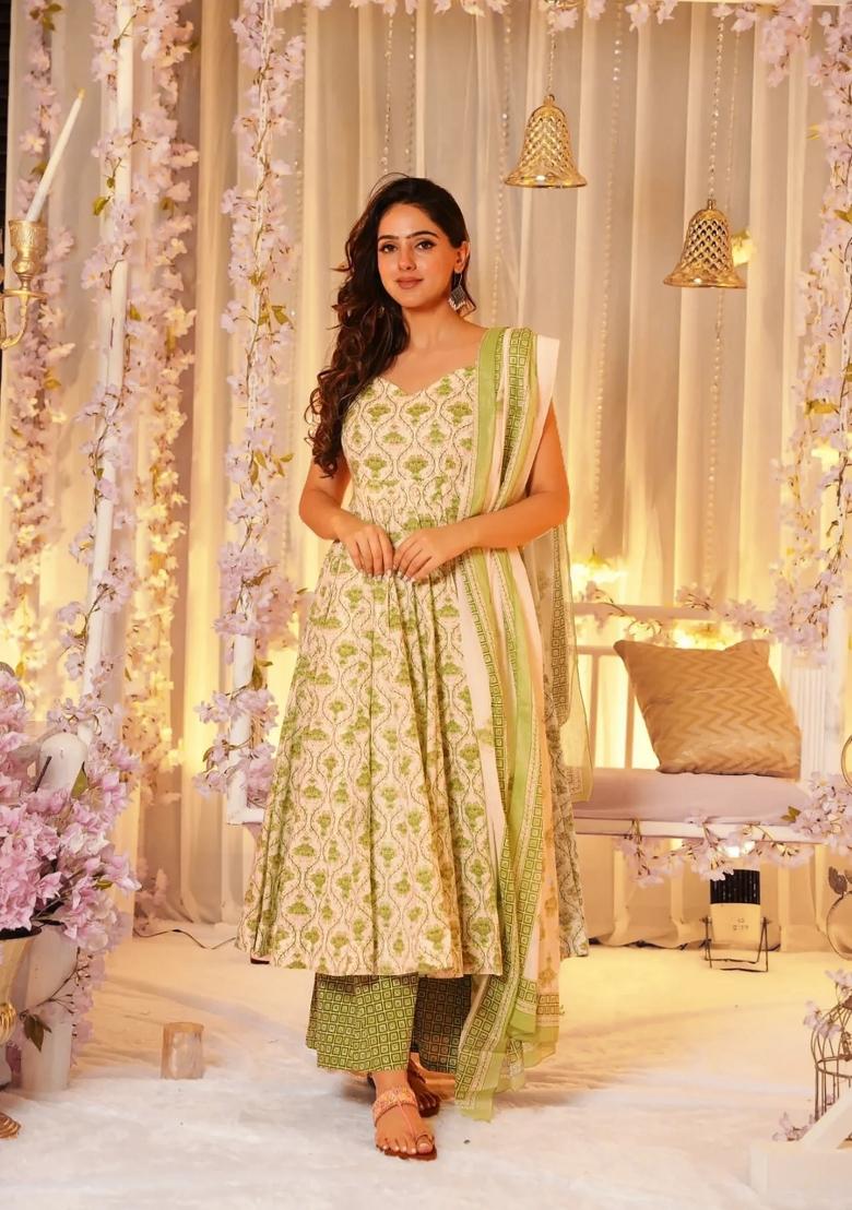 Green Printed Muslin Anarkali Set