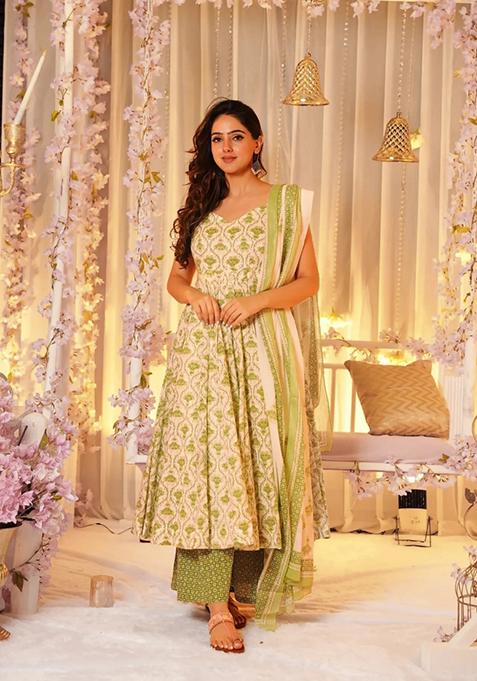 Green Printed Muslin Anarkali Set