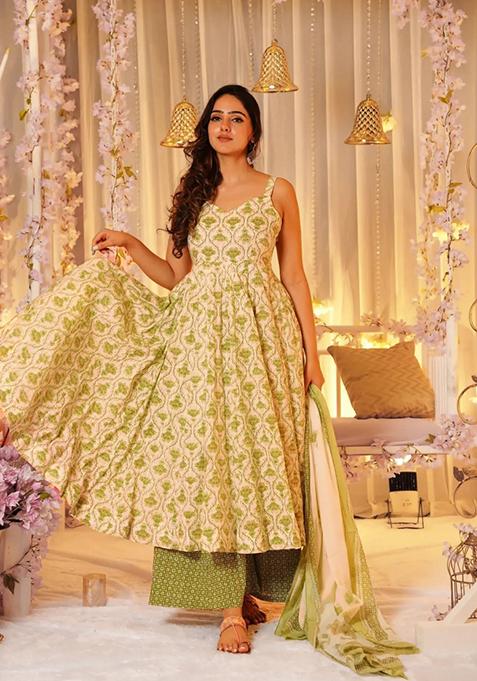 Green Printed Muslin Anarkali Set