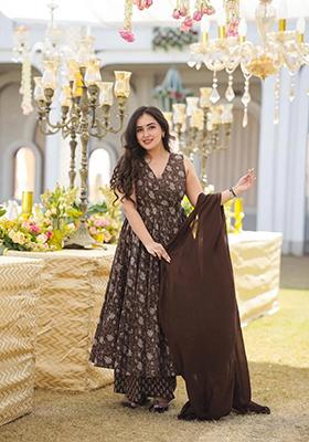 Brown Printed Muslin Anarkali Set
