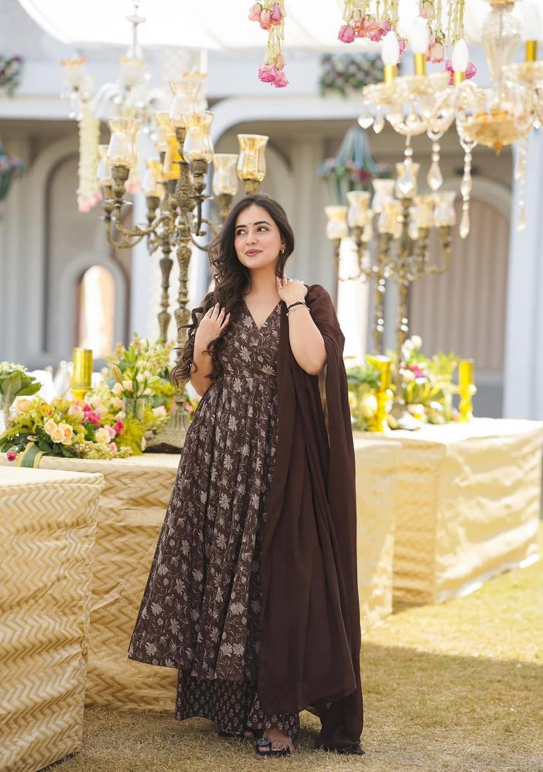 Brown Printed Muslin Anarkali Set