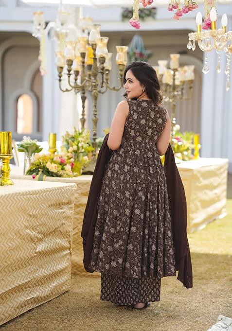 Brown Printed Muslin Anarkali Set