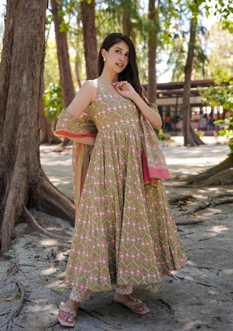 Green Printed Muslin Anarkali Set