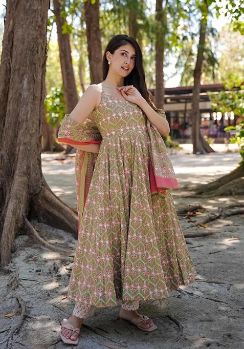 Green Printed Muslin Anarkali Set