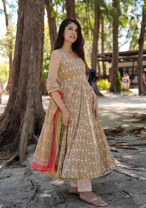 Green Printed Muslin Anarkali Set