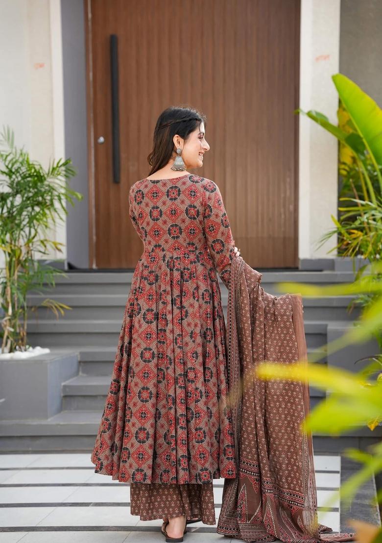 Brown Printed Muslin Anarkali Set