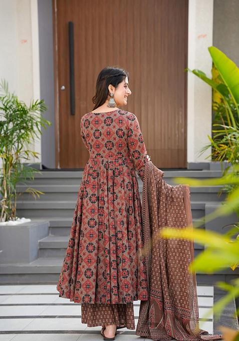 Brown Printed Muslin Anarkali Set