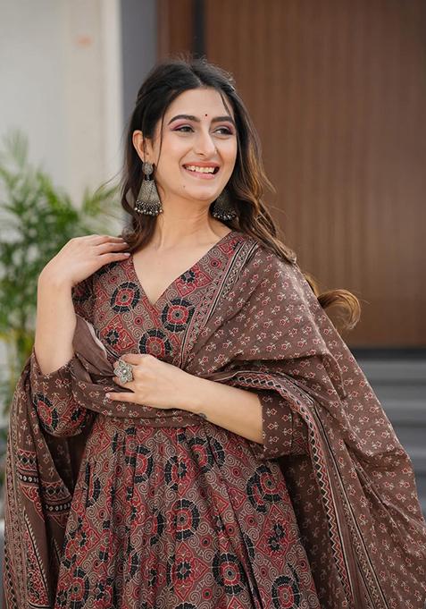 Brown Printed Muslin Anarkali Set