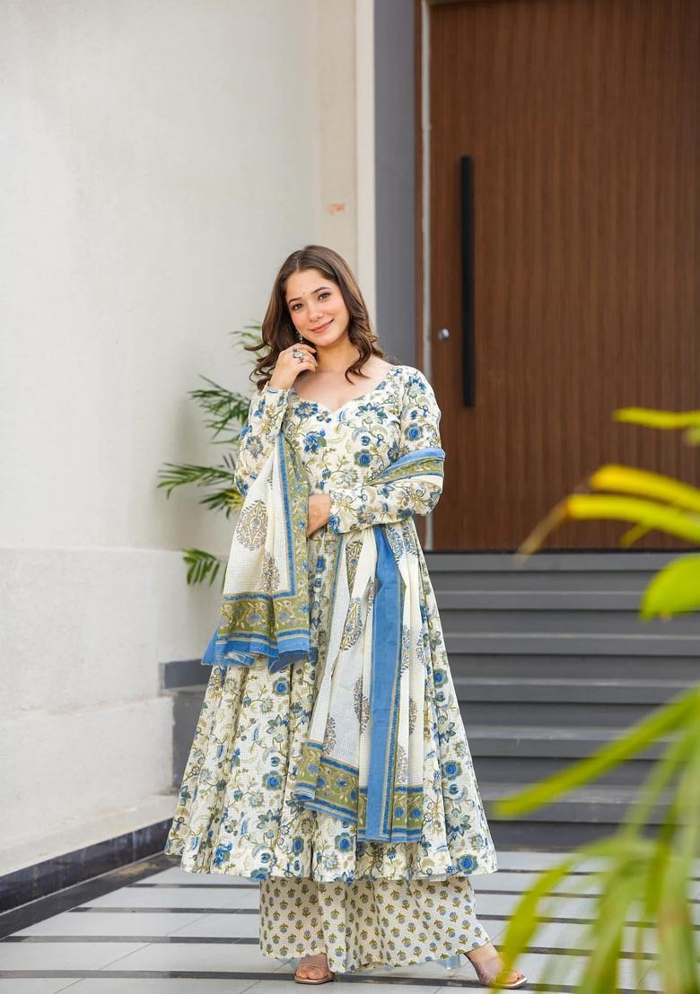Sky Blue Printed Muslin Anarkali Set