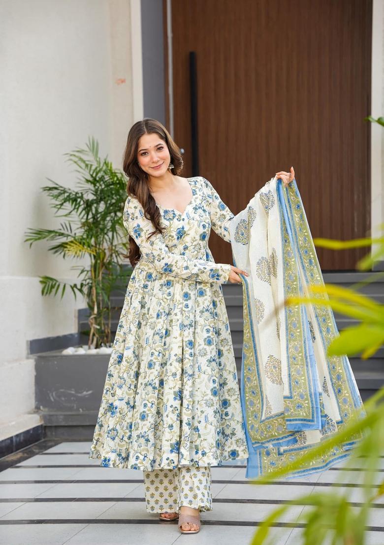 Sky Blue Printed Muslin Anarkali Set