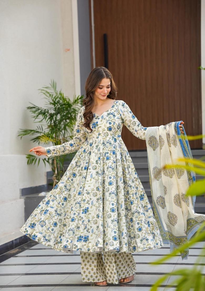 Sky Blue Printed Muslin Anarkali Set