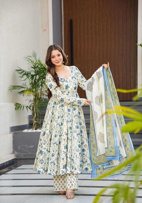 Sky Blue Printed Muslin Anarkali Set