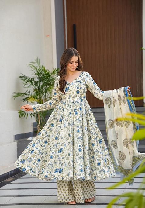 Sky Blue Printed Muslin Anarkali Set