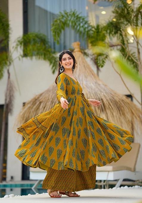 Green Printed Muslin Anarkali Set