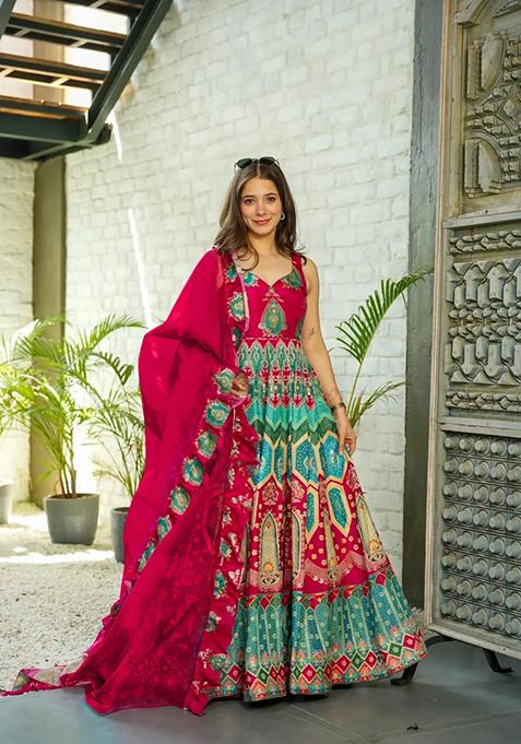 Pink Solid Silk Anarkali Set