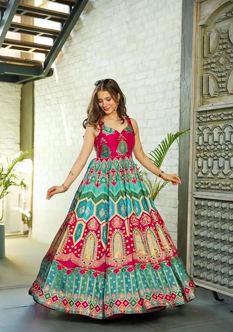 Pink Solid Silk Anarkali Set