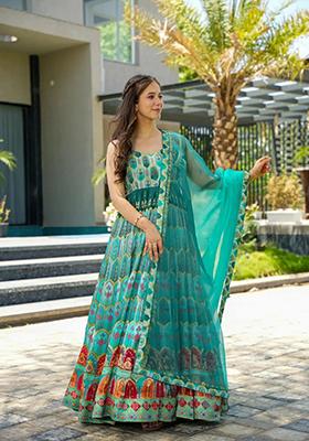 Teal Blue Solid Silk Anarkali Set