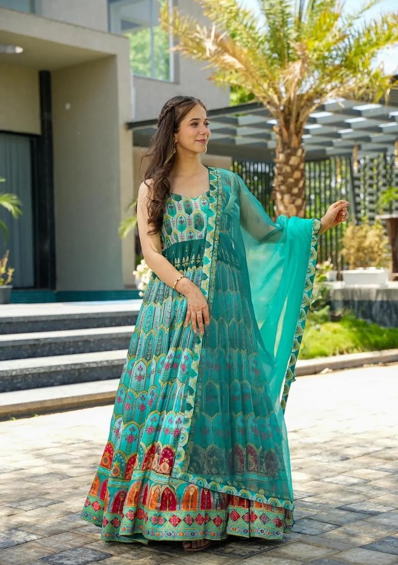 Teal Blue Solid Silk Anarkali Set