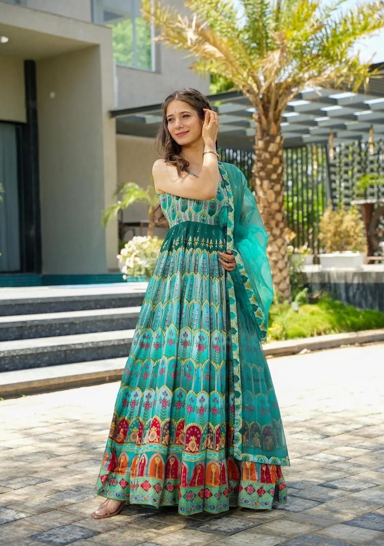 Teal Blue Solid Silk Anarkali Set