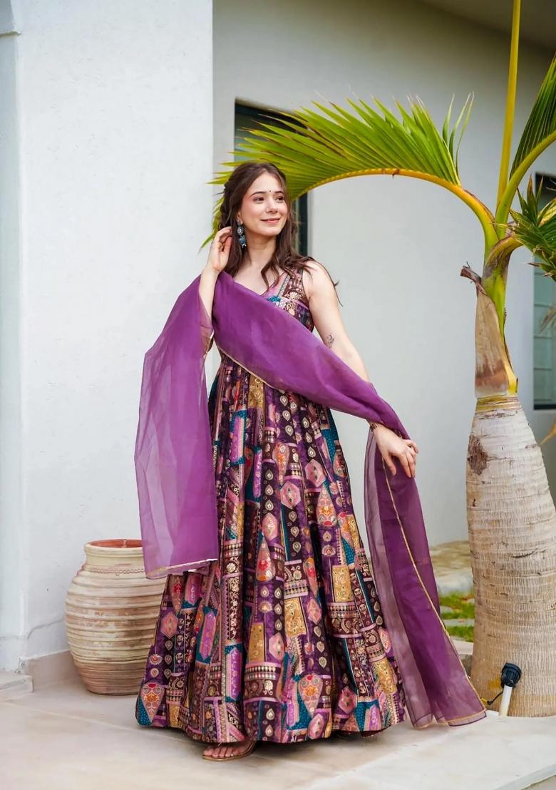 Purple Solid Silk Anarkali Set