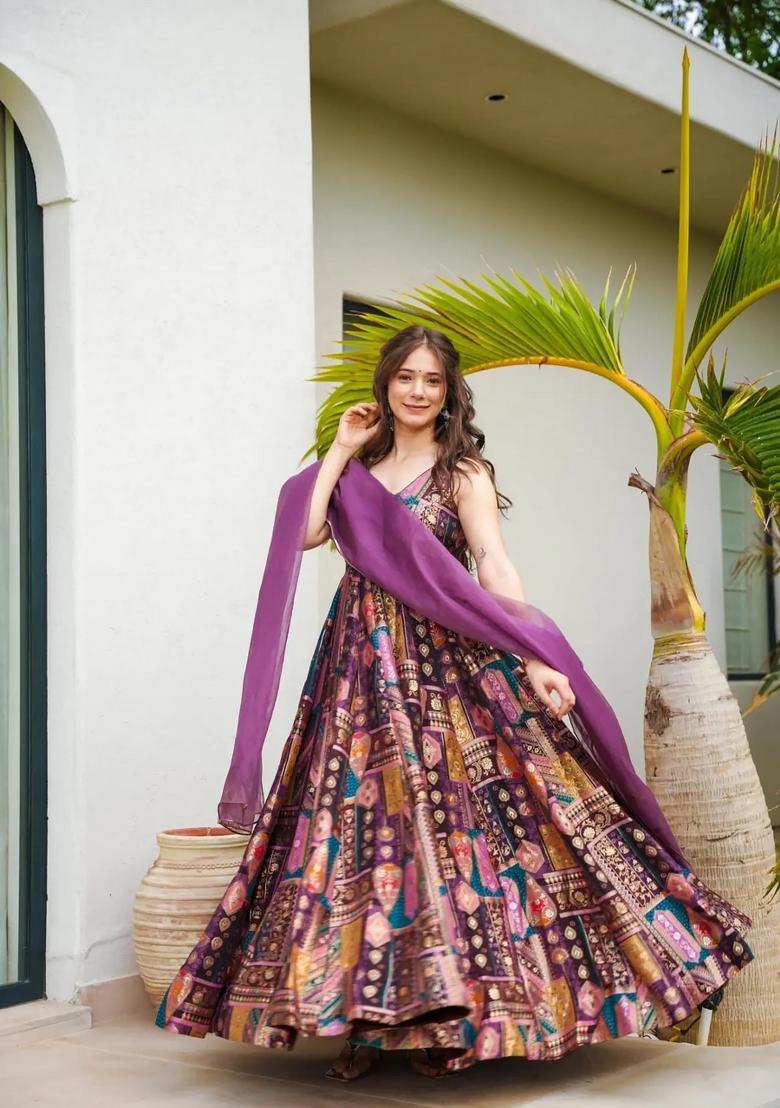 Purple Solid Silk Anarkali Set