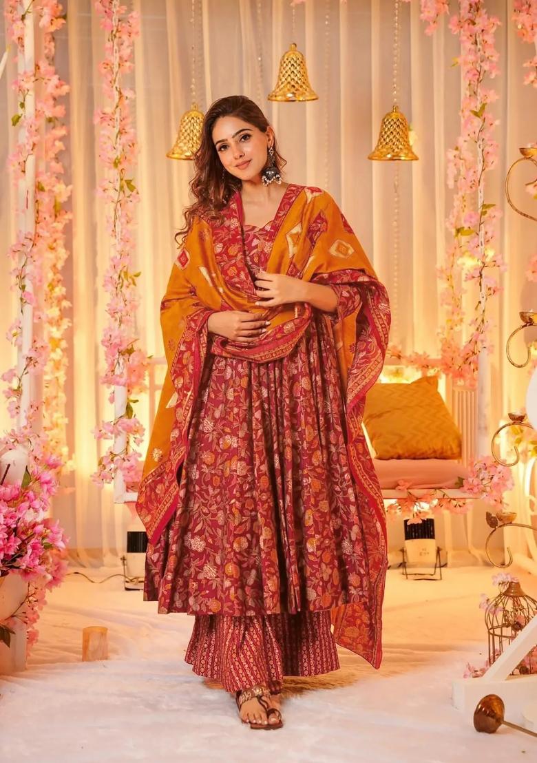 Multi Printed Muslin Anarkali Set