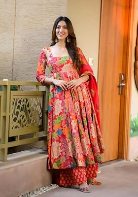 Multi Printed Muslin Anarkali Set