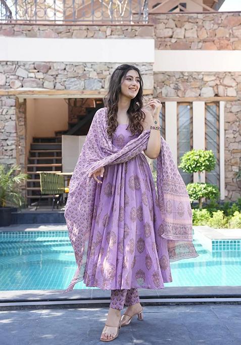 Multi Printed Muslin Anarkali Set