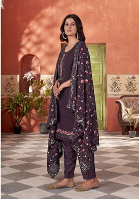 Wine Embroidered Georgette Salwar Kameez