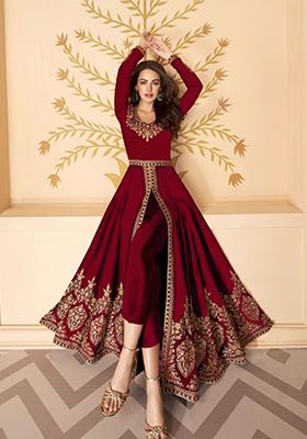 Maroon Embroidered Viscose Anarkali Set