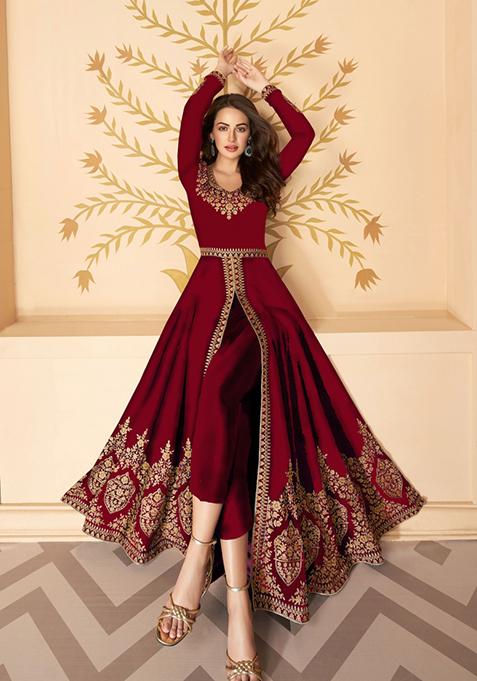 Maroon Embroidered Viscose Anarkali Set