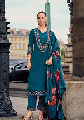 Teal Blue Embroidered Velvet Salwar Kameez