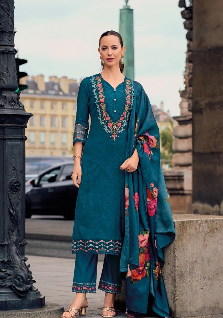 Teal Blue Embroidered Velvet Salwar Kameez
