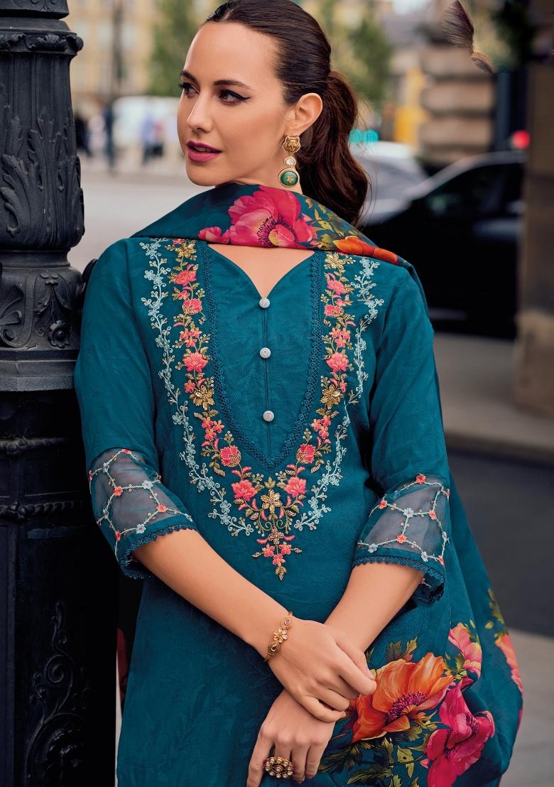 Teal Blue Embroidered Velvet Salwar Kameez