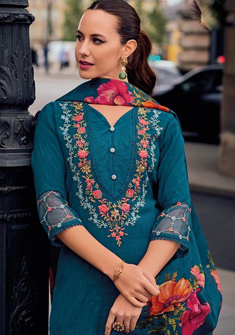 Teal Blue Embroidered Velvet Salwar Kameez
